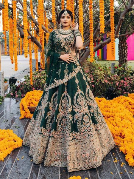  Dusty dark green Colour Embroidered Attractive Party Wear Silk Lehenga choli  