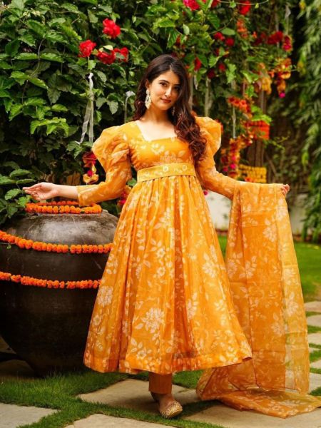 Elegance Orange Colour Floral Organza Suit Set  With Embroidered Belt  Anarkali Kurtis 