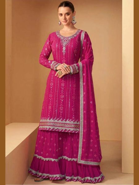 Elegant Pink Thread Embroidery Georgette Festive Sharara Suit 