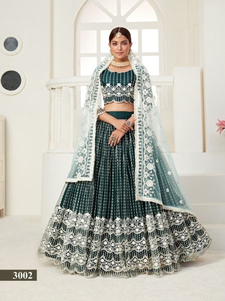 Embroidered Dark Green Net Indian Wedding Wear Lehenga 
