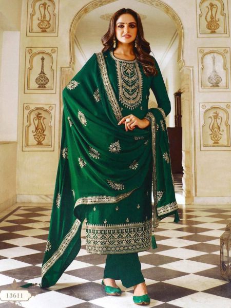 Heavy Dola Silk Unstitched Suit With Multi Thread and Zari Sequenced Work 