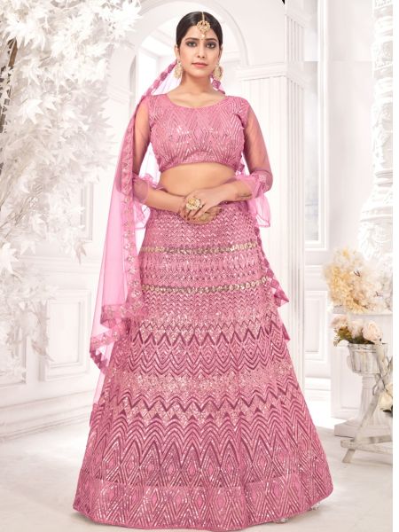 Embroidered Net Lehenga in Pink 