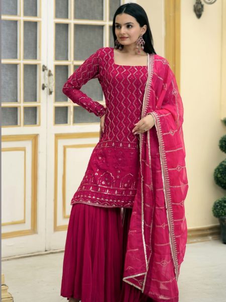 Embroidery Work Faux Georgette Sharara Suit With Zigzag Line  