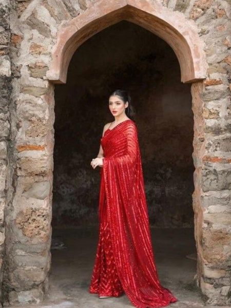 Fancy Sequence Work Red Georgette Saree  Georgette Sarees Wholesale