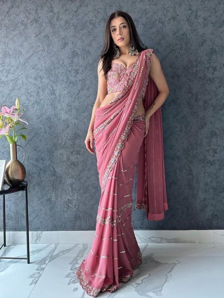  Fancy Thread Work With Sequence Work Georgette Saree  Georgette Sarees Wholesale