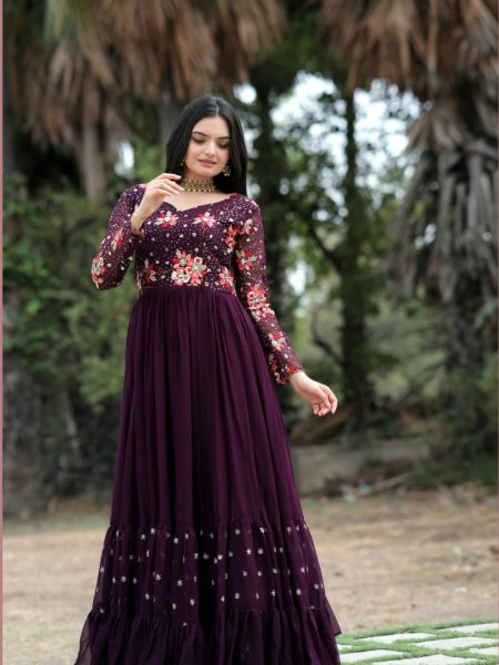 Faux Blooming Embroidered  Flared Gown  
