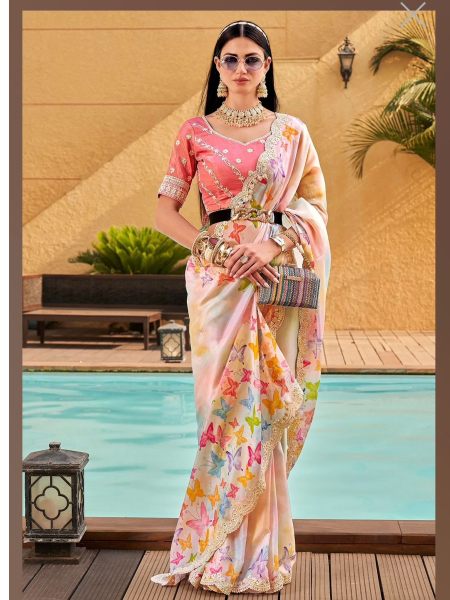 Faux Georgette Cotton Thread & Sequins Embroidery Work With Cut Work Embroidered Saree Embroidery Sarees Wholesale