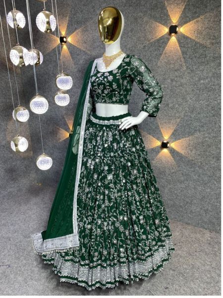 Green Faux Georgette Embroidery Sequence Lehenga Choli In Best Rate 