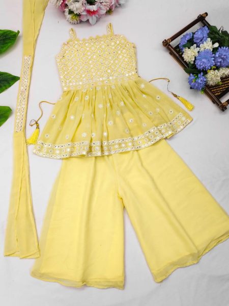 Festival Wear Lemon Embroidered Girls Palazzo Suit 
