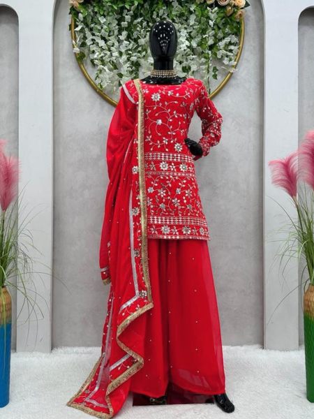 Festival Wear Red FauxGeorgette Sharara Suit  