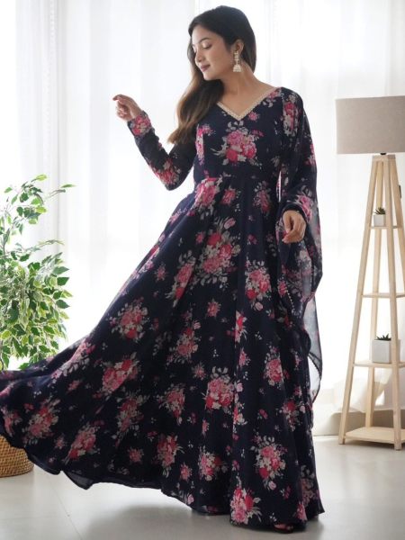 Floral Printed Soft Georgette Kurti & Dupatta With Fancy Lace Work  