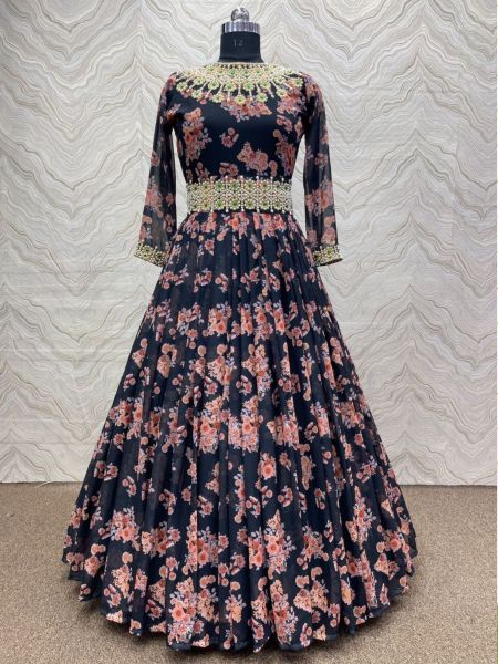 Flower Printed Embroidery Work Heavy Faux Georgette Gown  