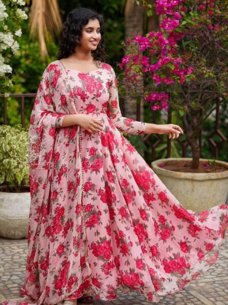 Flower Printed Fox Georgette Gown With Dupatta 