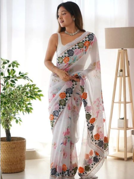 Flowers Digital Print Georgette Saree With Embroidery Work 