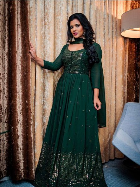 Dark Green Fox Georgette Gown Pant   Dupatta With Embroidery Work 