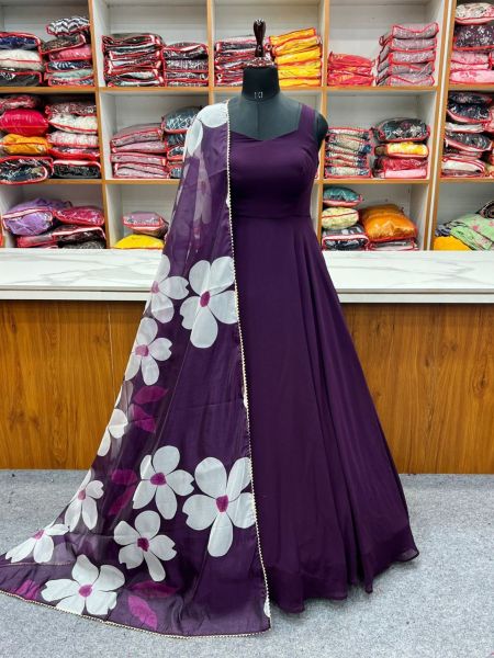 Fully Flair Soft Fox Georgette Gown With White Flower Printed Dupatta 