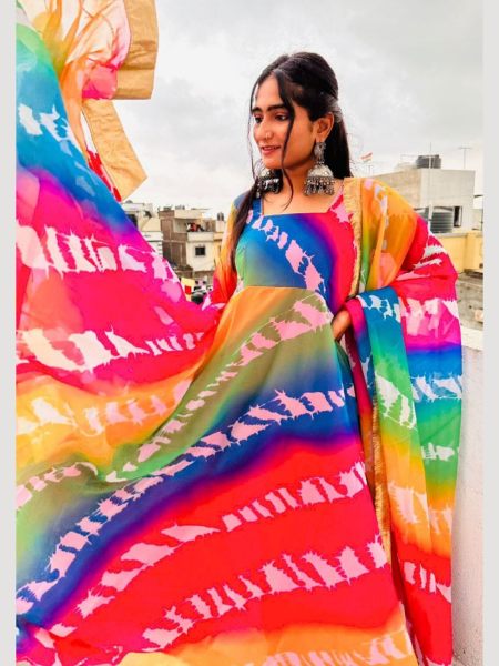 Georgette Color Full Printed  Leheriya Anarkali Gown With Duppta  
