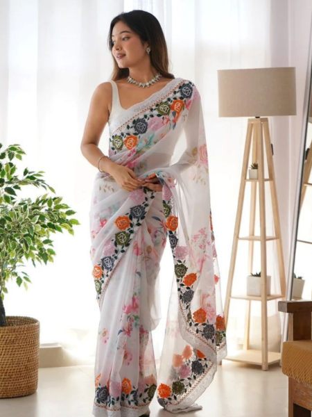 Georgette With Digital print Sequance embroidery Saree 