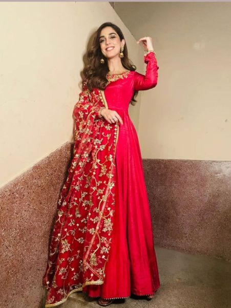 Glossy Red Anarkali Suit With Sequence Work Dupatta  