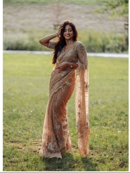 Golden Net Party Wear Saree With Sequance Work  