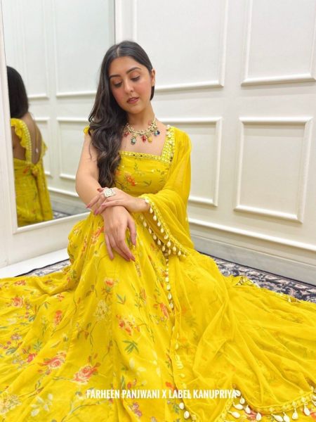 Gown Style Haldi Dress Bollywood Designer Gown   Dupatta 