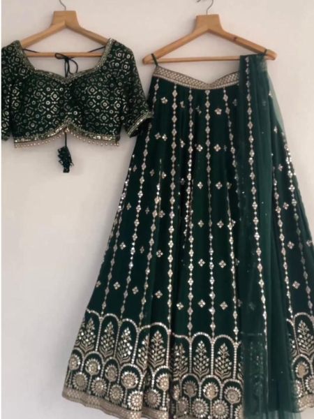 Green Color Faux Georgette Lehenga Choli With Sequence   Embroidery Work  