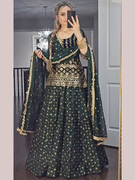 Green Color Faux Georgette Top With Lehenga  