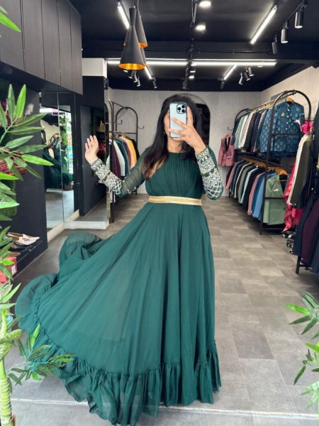 Green Color Georgette Gown With Dupatta  Anarakali Gown Wholesale