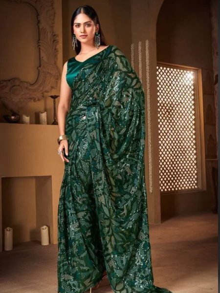 Green Color Georgette Saree With Embroidery   Sequence Work  