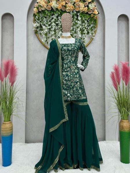Green Color Georgette Sharara Suit With Sequence Work  