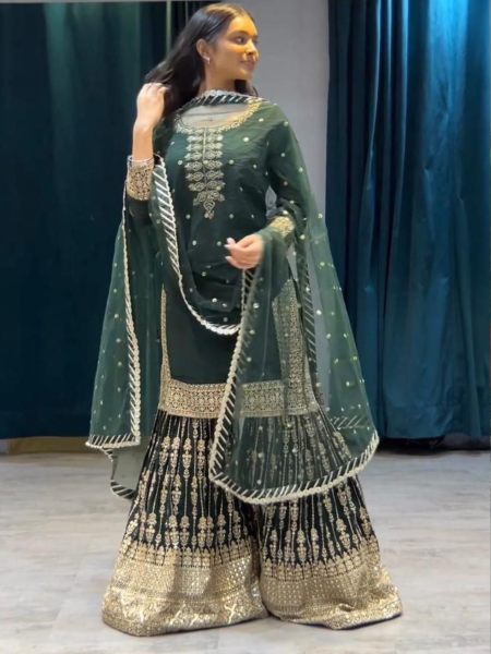 Green Color Georgette Sharara Suit With Embroidery Work  