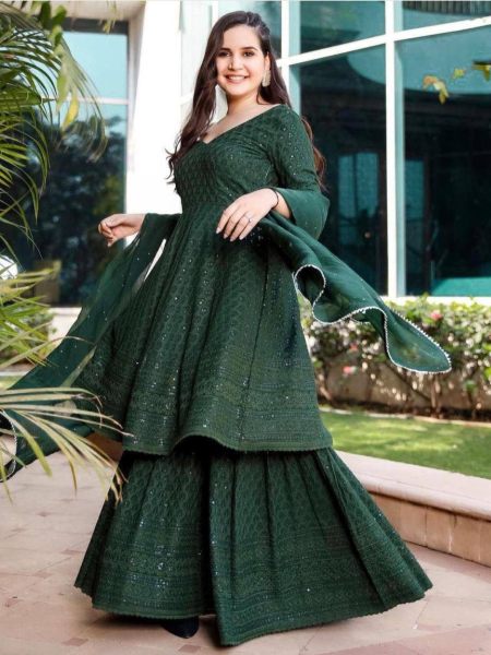 Green Color Heavy Georgette Plazzo Suit With Sequence Work  
