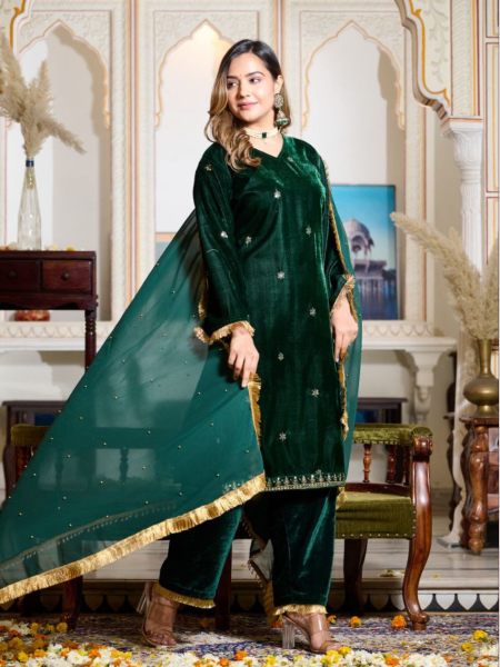 Green Color Viscose Velvet Sequence Work Suits  