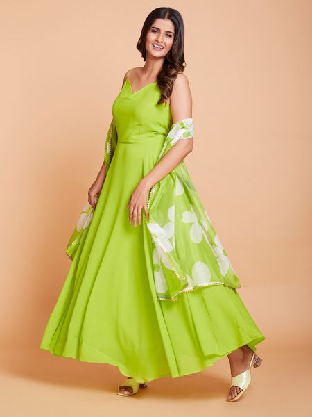 Green Plain Anarkali With Printed Duppta In Plus Size 