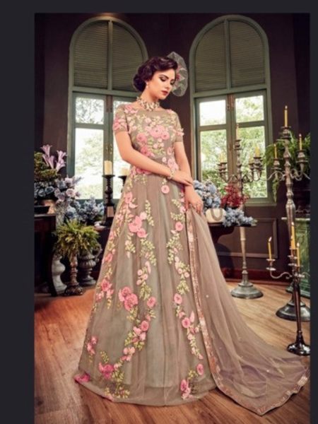 Grey Floral Embroidered Net Anarkali Salwar Suit  