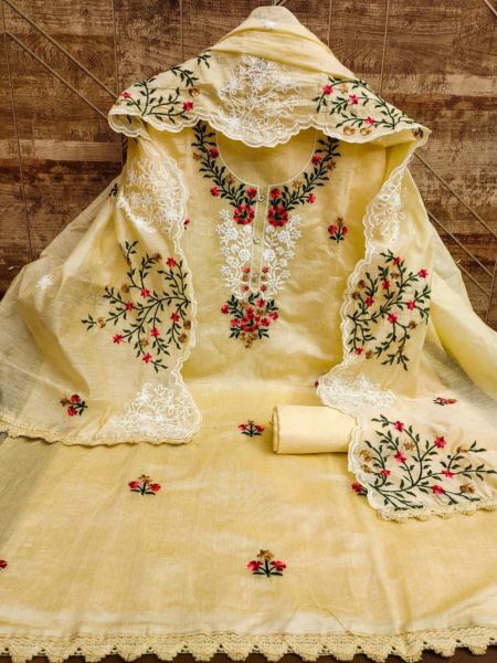 Heavy Chanderi Neck Embroidery Work Dress Material  Punjabi Dress Materials Wholesale