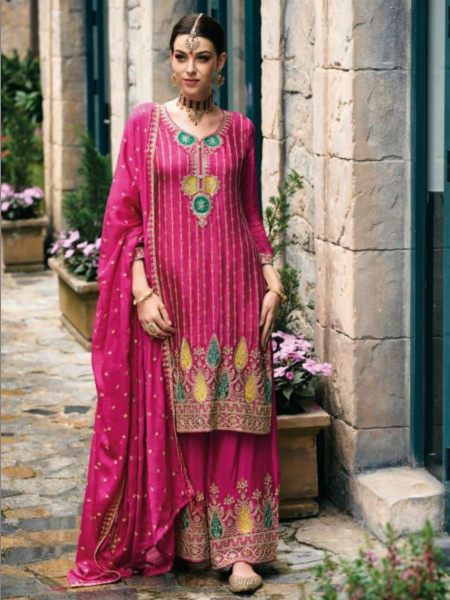 Heavy Chinon With Embroidery And Sequence Work Plazzo Suits  