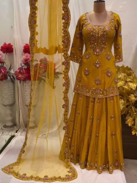 Heavy Embroidered With Sequence Work Silk Plazzo Suits  