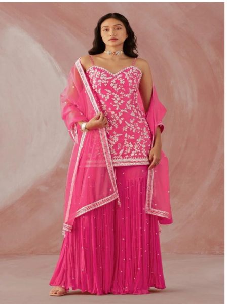  Heavy Faux Georgette With Embroidery Cotton Work Fancy Plazzo Suit  