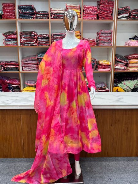 Heavy Pink Pure Soft Organza Silk Printed Anarkali Gown Pant   Dupatta 