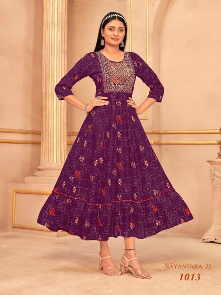 Heavy Reyon Multi Gold Print Embroidery work with Foil Print Flair Gown Embroidery Kurtis 