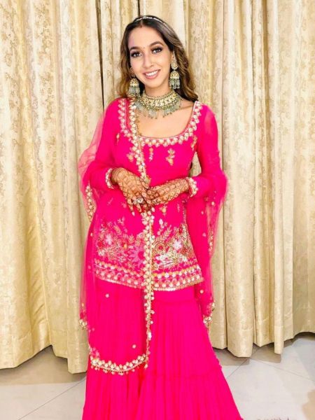 Hot Pink Color Faux Georgette Sharara Suit With Sequence Work  