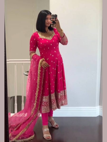 Hot Pink Faux Georgette Gown With Full Embroidery Work 
