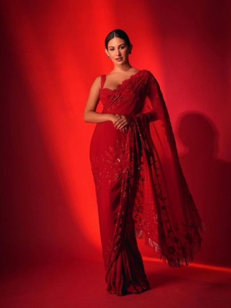 Hot Red Georgette Sequence Embroidered Saree  