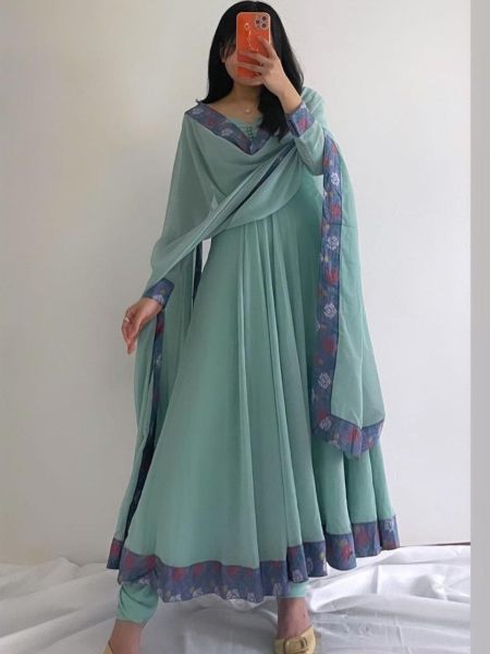 Indian Designer Plain Gown  White Blue Dress Georgette Kurti 