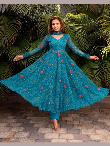 Indian Georgette Teal Blue Color Anarkali Gown 