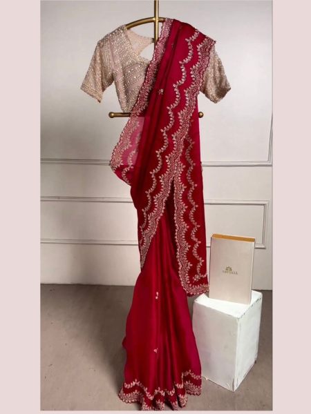 Indian Women Orgenza Party Wear Red Saree  