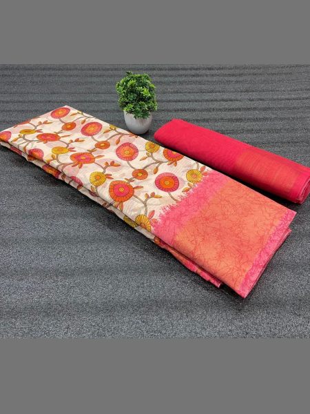 Ladies Soft Cotton Saree With HD Floral Print  