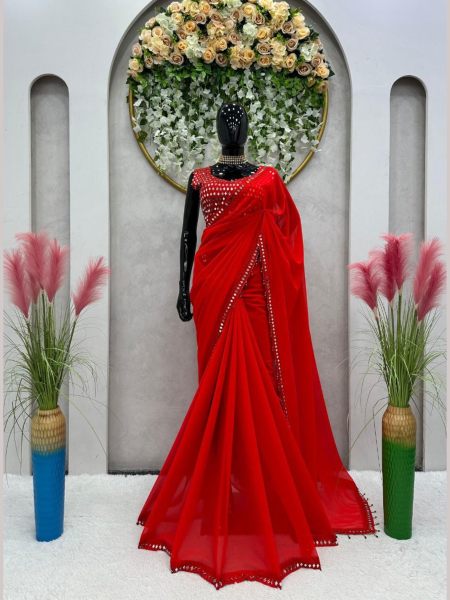 Latest Red Georgette Saree For Festival Occasional Party 