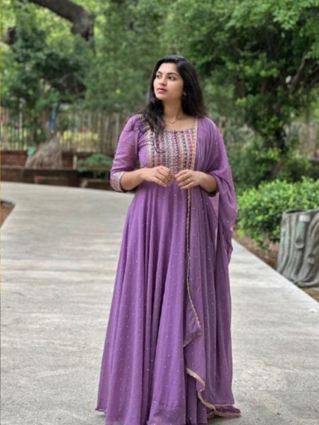 Lavender Color Fox Georgette Gown With Dupatta And Attractive Embroidery Work  